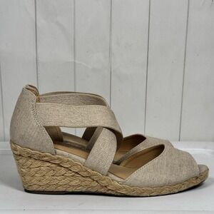 Solanz US 8.5M Helena Espadrille Wedges Strappy Sandals Beige Canvas Chic Shoes